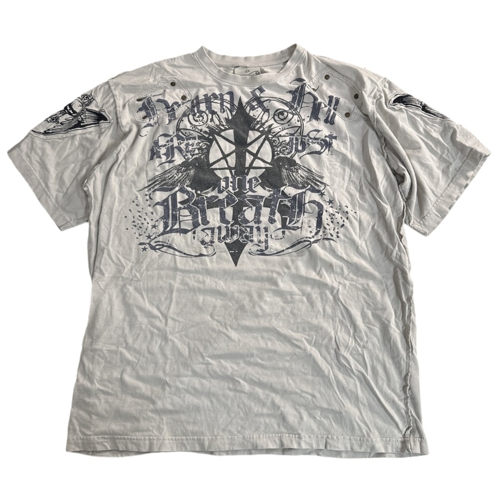 Y2K BLAC LABEL mens cream black heaven & hell headbangers graphic tee, 2XL.